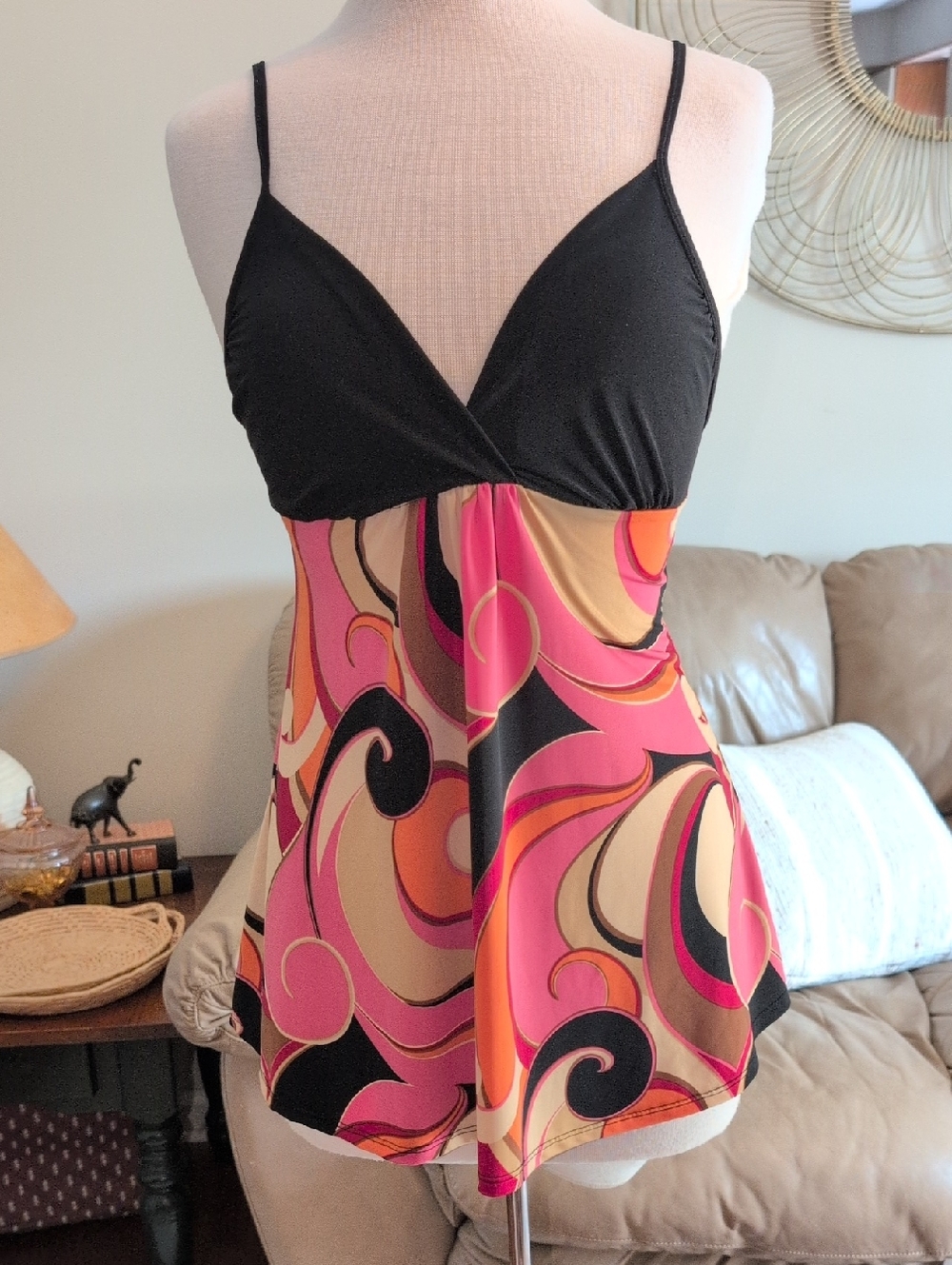 Y2K Wat Seal Medium Black & Pink Swirl Empire Waist Top